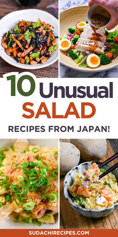 Four vibrant Japanese salad recipes featuring hijiki seaweed, chicken soba, potato salad, and sesame-dressed tofu showcased in rustic ceramic bowls Japanese Salad Recipes, Salads Without Lettuce, Japanese Salad, Foreign Food, Japanese Recipes, Japanese Dishes, Salad Side Dishes, Japan Food, Authentic Recipes