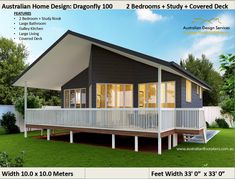 an advertisement for the australian home design dragonfly, with two bedroom and study - covered deck