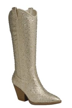 Mixed jewel embellishments lend glamorous appeal to a trend-savvy Western boot framed by a pointy toe and stacked block heel. 2" heel 9 1/2" shaft; 13" calf circumference Synthetic upper, lining and sole Saints Game, Boot Bling, Personalized Accessories, Western Boot, Tall Boots, Western Boots, Sale Items, Block Heels, Embellishments