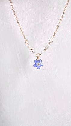 Forget Me Not Real Flower Necklace, Tiny Pendant, Handmade Blue Pressed Flower necklace, Sterling Silver, Gold Plated Pearls, Gift for Her Blue Flower Shaped Jewelry With Flower Decoration, Blue Flower-shaped Jewelry With Flower Decoration, Blue Floral Jewelry With Flower Decoration, Purple Flower Decorated Jewelry For Gift, Purple Jewelry With Flower Decoration As Gift, Blue Flower Charm Necklace As Gift, Blue Flower Pendant Necklace For Gift, Blue Flower Shaped Necklace Gift, Blue Flower Necklace For Gifts