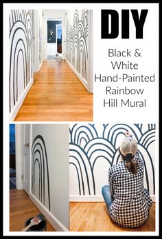 the black and white hand painted rainbow wall mural is shown in three different photos, including one