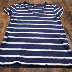 Ralph Lauren Sport V-Neck Blue & White Striped Polo Tee Shirt Women's Size S/P Excellent Condition With No Visible Signs Of Wear; Ie. No Rips/Tears/Stains. Could Be New Without Tags. Striped Cotton V-neck T-shirt, Blue Ralph Lauren Crew Neck T-shirt, Blue Ralph Lauren Cotton Tops, Ralph Lauren Summer Casual T-shirt, Ralph Lauren Casual Summer T-shirt, Navy Ralph Lauren Short Sleeve Tops, Ralph Lauren Navy Short Sleeve Tops, Navy Short Sleeve Ralph Lauren Top, Ralph Lauren Navy Casual Tops