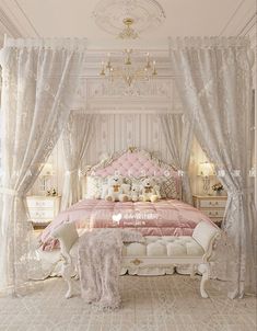 a white and pink bedroom with an ornate canopy bed