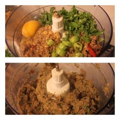 two pictures of food in a blender, one with meat and the other with vegetables