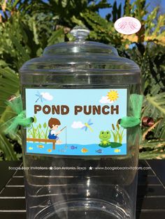 a clear plastic container with a green ribbon around it and a pond punch label on the front