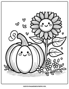 an adorable Pumpkin and Sunflower Duo Pilgrim Coloring Pages Printables, Fall Coloring Book Pages, Halloween Coloring Pages Preschool, Daredevil Coloring Page, The Cutest Pumpkin In The Patch, Coloring Pages November, Fall Pumpkin Coloring Pages, Colouring Pictures For Kids Free Printable, Harvest Lesson Plans For Toddlers