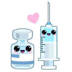 a cartoon syring next to a bottle with a heart on the side and an emoticive message above it