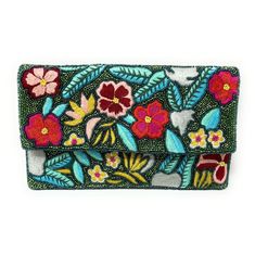 Introducing our stunning hand beaded floral clutch purse, meticulously made using seed beads and green fabric. This Twine and Love beautiful accessory is handcrafted with care and attention to detail, making it perfect for any occasion. Stand out from the crowd with this unique and elegant purse that will add a touch of sophistication to your ensemble. The entire front of the clutch is covered with beautiful embroidered flowers and green seed beads.  It can be use as a clutch or cross body bag. Green Beaded Rectangular Clutch, Multicolor Floral Embroidered Clutch As Gift, Multicolor Floral Embroidery Clutch For Gifts, Summer Beaded Clutch As Gift, Bohemian Green Clutch As Gift, Embroidered Green Pouch Clutch, Green Embroidered Rectangular Clutch, Green Beaded Rectangular Evening Bag, Green Rectangular Clutch For Festive Occasions