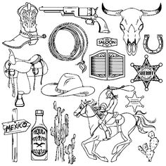 the western symbols are drawn in black and white, including a cowboy hat, lasso,