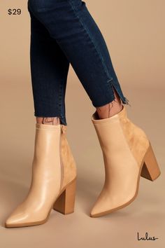 The Essex Light Nude Mid-Calf Booties are so cute, you'll want to pair them with every outfit! Soft, vegan leather shapes a pointed toe upper, and rises into a fitted, 8"" shaft with a 9.5"" circumference and a zipper at instep, and contrasting vegan suede heel. Pair these essential boots with a mini skirt for a chic look! 3. 75" stacked wood-look block heel. Lightly cushioned insole. Felted rubber sole has nonskid markings. All vegan friendly, man made materials. Imported. Lulus | Essex Light N Nude Boots, Beige Boots, Vegan Boots, Cute Sandals, Mid Calf Boots, Heeled Ankle Boots, Suede Heels, Leather Ankle Boots, Vegan Friendly