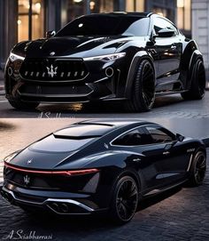 two different views of a black sports car