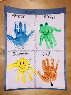 the handprint craft is made with watercolors and paper, which reads winter, spring