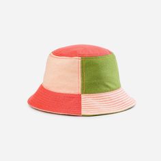 Jacquard knit bucket hat with neon topstitching that is colourful. Dependable, high-quality knits. Patchwork Bucket Hat, Knit Bucket Hat, Unconventional Materials, Bucket Hat Pattern, Knit Accessories, Garment Sewing, Colorful Hat, Trendy Hat, Hat Patches