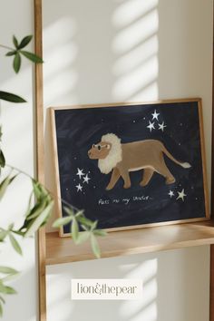 an animal is shown on a shelf next to a potted plant