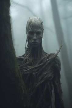 a creepy creature with long hair standing in the woods on a foggy day and looking at the camera