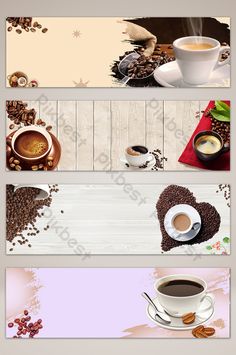 three horizontal banners with coffee and cookies on the top one has a cup of coffee in it