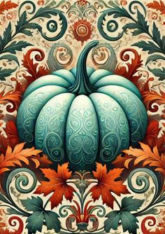 a painting of a blue pumpkin surrounded by leaves and swirls on a white background