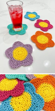 crocheted coasters with flowers on them and a drink in a glass next to them