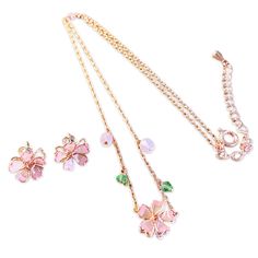 🌸 2 PACK | Hypoallergenic crystal floral stud earrings and necklace beads matching set. Beautiful romantic rose gold jewelry set for women, teens, and girls fashion.🌸 SAKURA | Dainty cute sakura cherry blossom designs are an iconic Japanese flower shown in this adorable, elegant beautiful design. Spring is here! Fantastic gift too for birthdays, weddings, and other special occasions.🌸 PINK | Pastel pink lacquer, green beads, and rose gold floral pendant, and sterling silver chain. High qualit Feminine Jewelry With Matching Earrings For Spring, Rose Gold Flower Shaped Clavicle Chain Jewelry, Rose Gold Flower-shaped Clavicle Chain Jewelry, Spring Rose Gold Flower Jewelry, Cute Pink Jewelry As A Gift For Her, Pink Jewelry Sets For Mother's Day, Feminine Rose Gold Flower Earrings For Gift, Feminine Rose Gold Flower Earrings As Gift, Dainty Pink Gold Flower Jewelry