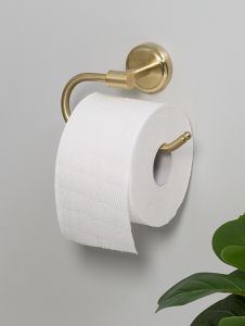 a toilet paper roll hanging on the wall next to a potted plant and gold handle