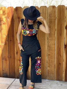 Jumpsuit, these jumpsuits fit a size S-M Casual Embroidered Jumpsuits And Rompers For Spring, Embroidered Fitted Sleeveless Jumpsuits And Rompers, Embroidered Fitted Jumpsuits And Rompers For Spring, Spring Embroidered Fitted Jumpsuits And Rompers, Sleeveless Embroidered Jumpsuits And Rompers For Summer, Outfit Mexicanos, Mexican Fashion Modern, Mexican Dresses For Women, Mexican Theme Party Outfit