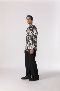 Full sleeve printed shirt in an abstract design Fit: Regular fit Color: blackFabric: Modal satin Formal White Printed Tops, Casual Silk Tops With Abstract Print, White Floral Print Shirt For Formal Occasions, Formal Silk Printed Shirt, Black Shirt With Abstract Print For Spring, Casual Black Silk Shirt, White Silk Top With Graphic Print, Black Formal Shirt With Graphic Print, Artistic Printed White Shirt