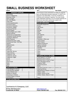 the small business worksheet is shown in black and white, with an additional list for