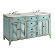 a double sink vanity with shuttered doors and two faucets on the top