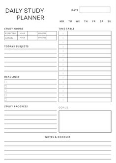 the daily study planner is shown in black and white