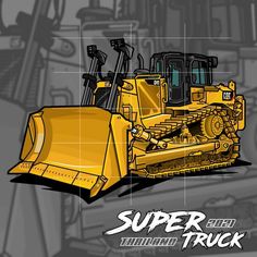 an image of a yellow bulldozer with the words super truck on it