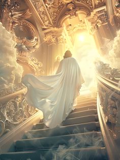 a woman in white is walking up some stairs with clouds and light coming from behind her