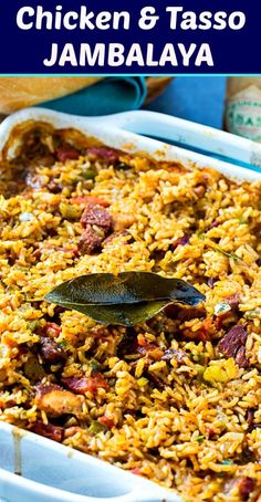 chicken and taco jambaalaya in a casserole dish with text overlay