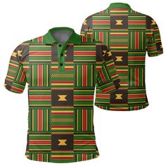 Kente Ghanaian Pattern Polo ShirtAll of our Polo Shirt are custom-made-to-order and handcrafted to the highest quality standards. Crafted in 95% polyester, 5% spandex with your own design which combines comfort and vogue. This shirt has some great features, it has 3 buttons, elastic collar, and cuffs. 12.35 Oz. Made from polyester fabric. 3 buttons, elastic collar, and cuffs. Extremely soft to the touch, durable and breathable. Machine wash cold. The print on the garment body is unable to fade. Green Collared Shirt With All Over Print, Fitted Green Printed Shirt, Green Fitted Printed Shirt, Green Casual Polo Shirt With Sublimation Print, Fitted Green Long Sleeve Polo Shirt, Fitted Multicolor Polo Shirt, Casual Green Polo Shirt With Sublimation Print, Green Polo Shirt With Sublimation Print, Green Polo Shirt With Sublimation Print, Short Sleeve