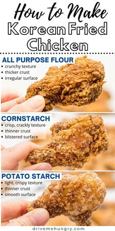 three different types of fried chicken are shown in this graphic above the instructions for how to cook