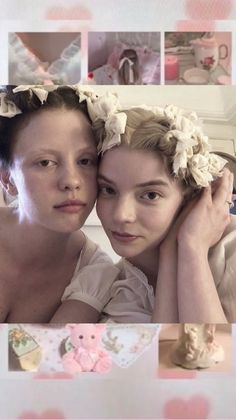 two women are posing for the camera with their heads close to each other, and there is a collage of photos behind them