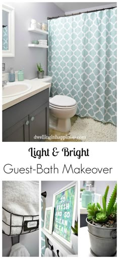 the bathroom is decorated in blue and white with green accents, including a shower curtain