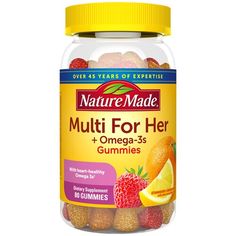 Helps Support:. Bone Health. Immune Health. Energy Metabolism. Heart-Healthy Omega-3s. No Artificial Flavors - Natural Fruit Flavors. No Synthetic Dyes - Colors Derived from Natural Sources. No High Fructose Corn Syrup. No Artificial Sweeteners. Gluten Free. Nature Made Multi for Her + Omega-3 Gummies are specially formulated to support bone health, immune health and energy metabolism. Just two gummies deliver the daily nutritional support of a multivitamin plus 60 mg of heart-healthy EPA and DH Immune System Vitamins, Multivitamin Supplements, Gummy Vitamins, Strawberry Lemon, Healthy Eyes, Vitamins For Women, Healthy Bones, Immune Health, Fish Oil