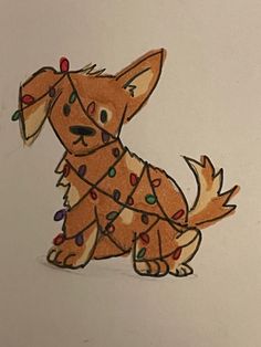 a drawing of a dog with christmas lights on it's collar and tail, sitting down