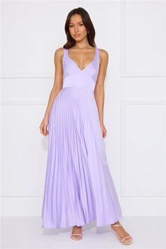 Length from shoulder to hem of size S: 115cm. Chest: 38cm, Waist: 31cm, across front only of size S. Maxi dress. Lined. Model is a standard XS and is wearing size XS. True to size. Non-stretch. Satin. Flowy skirt. Pleated design. Open back with elastic details. V-neck. Zipper. Cold hand wash only. Polyester. The perfect dress for summertime events. The Dazzling Opulence Maxi Dress features a flowy, pleated skirt, a V-neck and an open back with elastic details. Style it with heels and curls for a look we love. Pleated V-neck Dress With Fitted Bodice, Purple Maxi Evening Dress For Summer, Spring Floor-length Evening Dress With Pleated Bodice, Spring Evening Dress With Pleated Bodice, Floor-length, Pleated Back Evening Maxi Dress For Spring, Purple A-line Summer Evening Dress, Purple A-line Evening Dress For Summer, Midi Length Evening Dress With Pleated Back, V-neck Pleated Back Dress For Date Night