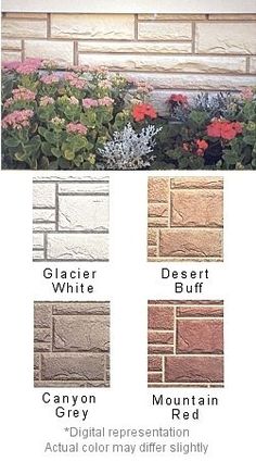 the different types of flowers in front of a brick wall