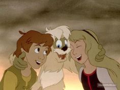 an animated image of two women and a dog with their faces close to each other