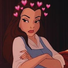 an animated image of a woman with hearts on her head and arms crossed, looking at the camera