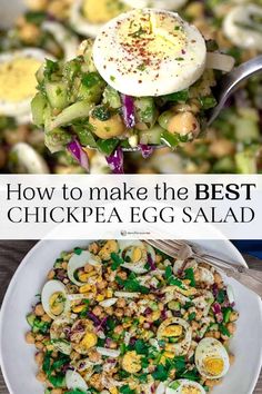 the best chickpea egg salad recipe is shown in this collage with text overlay