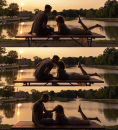 two people sitting on a bench next to each other in front of a lake at sunset