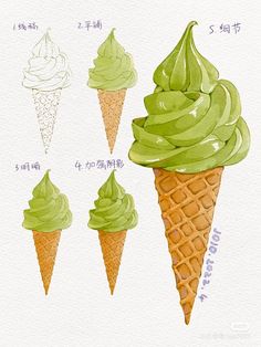 three ice cream cones with green toppings in each cone and the second cone has four different flavors