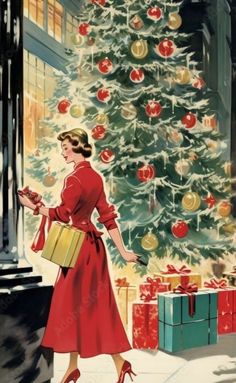 a woman in a red dress is standing near a christmas tree with presents under it