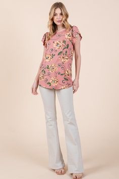 Floral Elegance Meets Effortless Comfort: Soft Knit Jersey Top with Flutter Sleeves Embrace Casual Chic with Floral Flourish Elevate your casual wardrobe with our Floral Print Top, crafted in soft knit jersey with charming flutter sleeves. This versatile piece effortlessly combines floral elegance with the comfort of a loose fit. Stylish and Relaxed Style: CasualPerfect for a laid-back yet stylish look, this Floral Print Top is an essential addition to your casual wardrobe. Embrace a relaxed vib Relaxed Fit Flutter Sleeve Tops For Spring, Feminine Flutter Sleeve Tops For Day Out, Summer Floral Print Elastane Top, Pink Stretch Top With Ruffle Sleeves, Casual Flutter Sleeve Top For Spring, Spring Blouse With Ruffle Hem And Butterfly Sleeves, Feminine Floral Print Top With Butterfly Sleeves, Feminine Floral Print Tops With Butterfly Sleeves, Pink Flutter Sleeve Casual Top