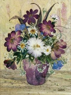 a painting of purple and white flowers in a vase