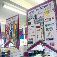 two bulletin boards with different types of words hanging from the ceiling in an office setting