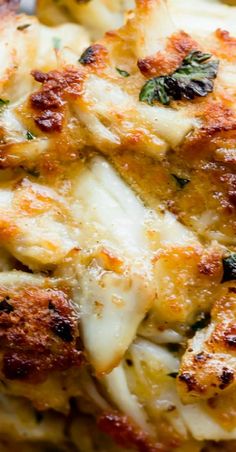 a close up view of some food with cheese and spinach on the side,